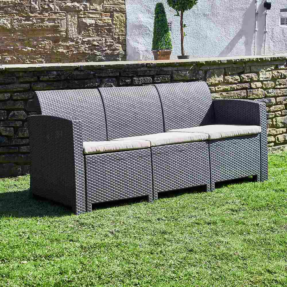 3-Seater Rattan Effect Garden Sofa in Graphite with Cream Cushions | Marbella